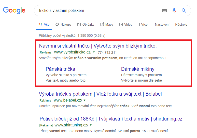 Ukázka zobrazení PPC reklamy na počítači