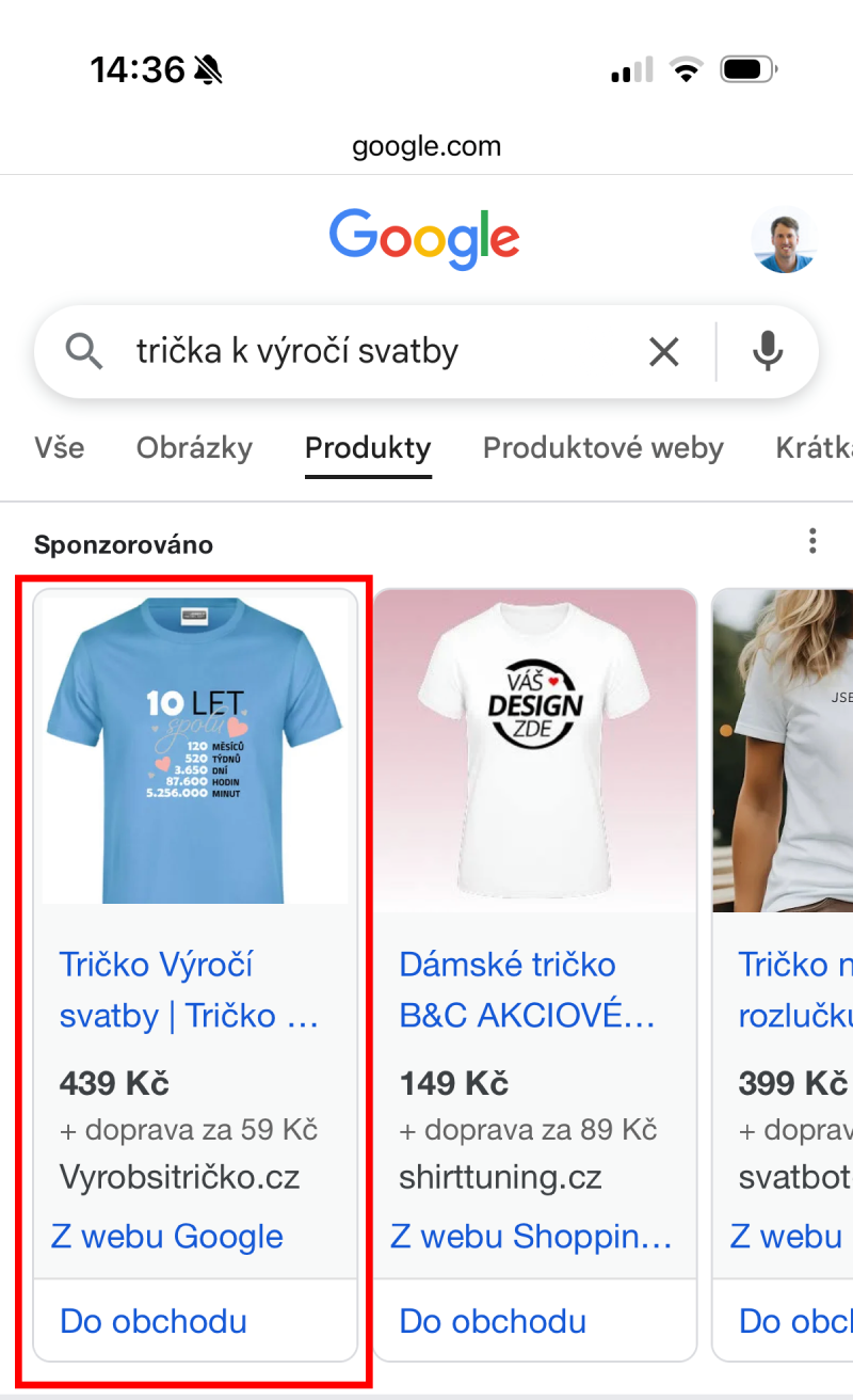 Ukázka zobrazení PPC reklamy na mobilu